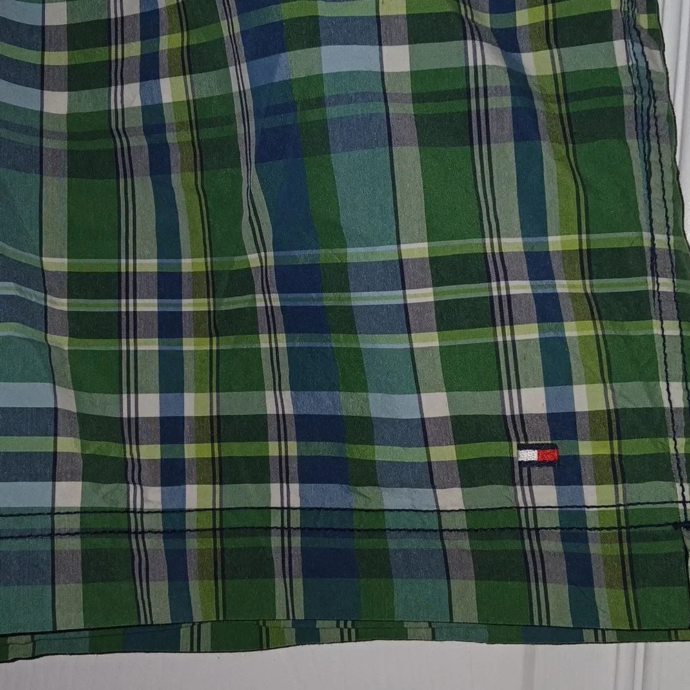 Tommy Hilfiger green blue plaid swim trunks bathing suit Sz L NWOT